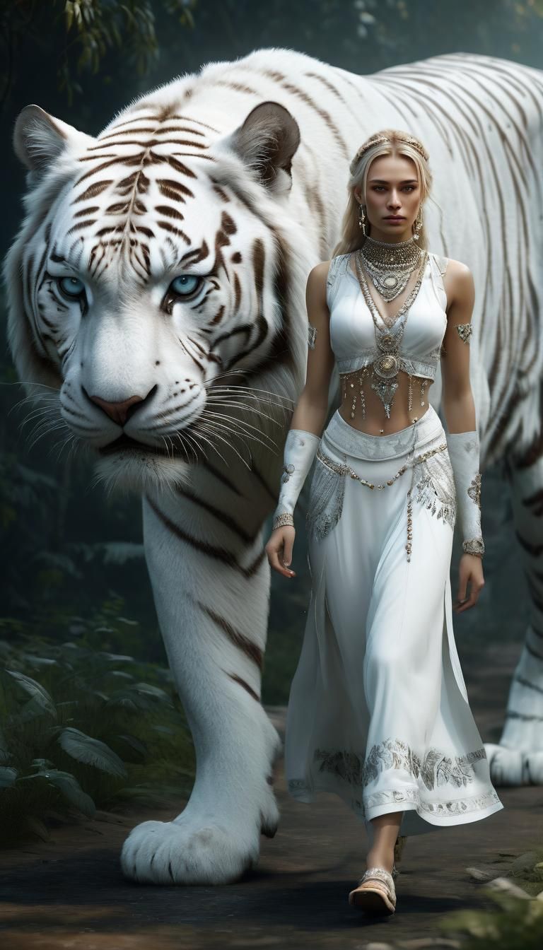 Slavic Girl and White Tiger Fantasy Art