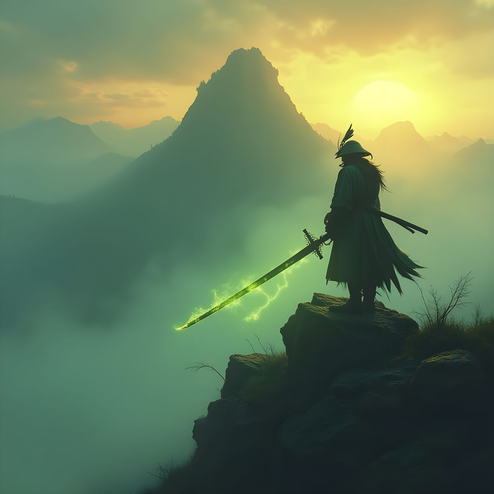 Battle-Scarred Samurai Dominates Radiant Mountain Peak