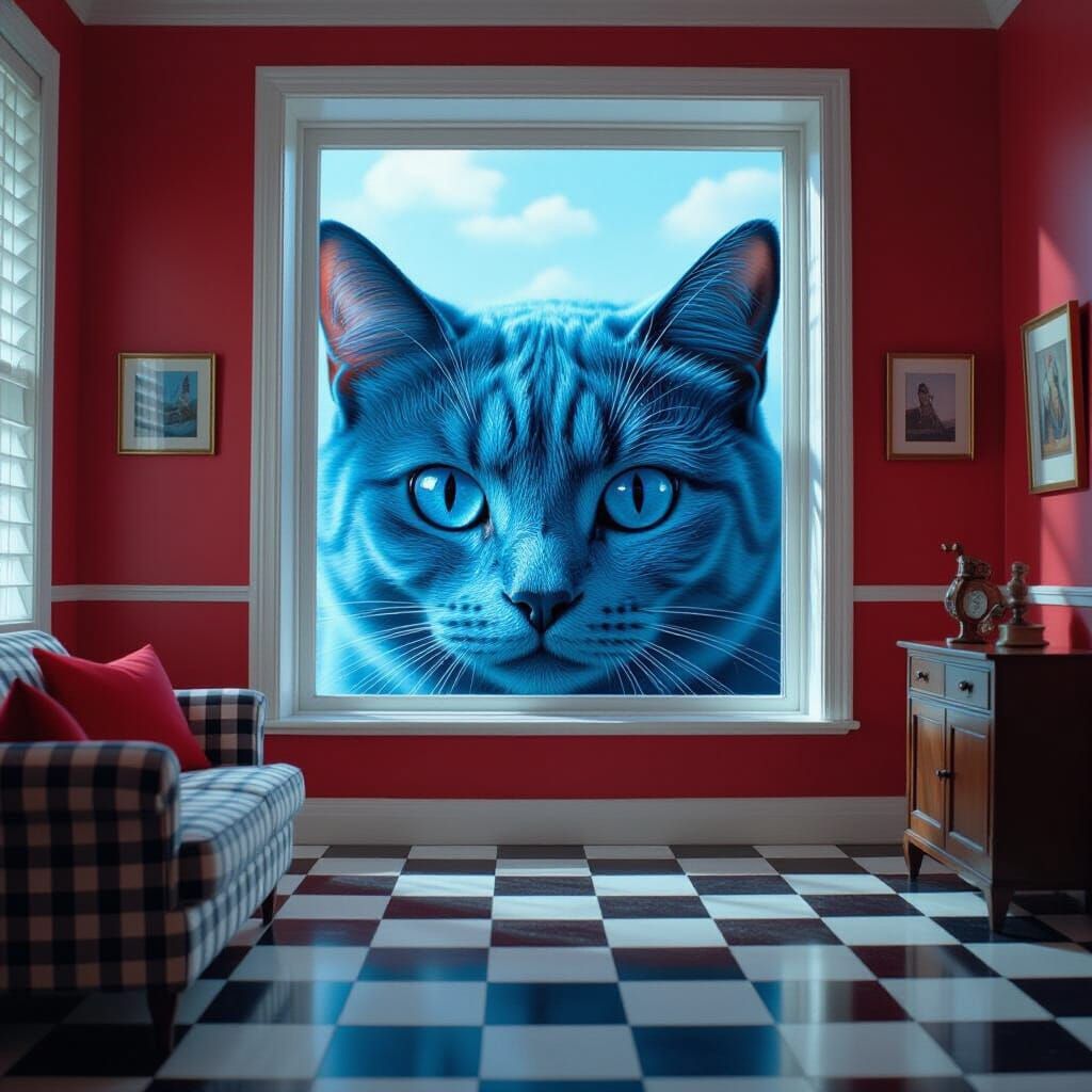 Giant Blue Cat Head Outside Window