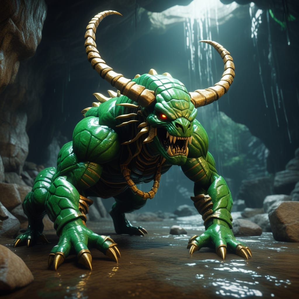 Epic Emerald Bull Scorpion Monster in a Dark Cave