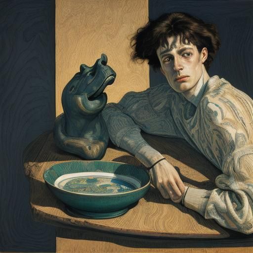 Surreal Hippopotamus Gnawing Furniture in Expressionist Wood...