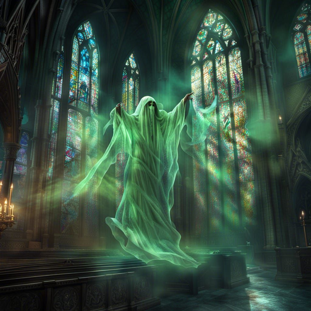 Green Ghost Apparition in Gothic Cathedral