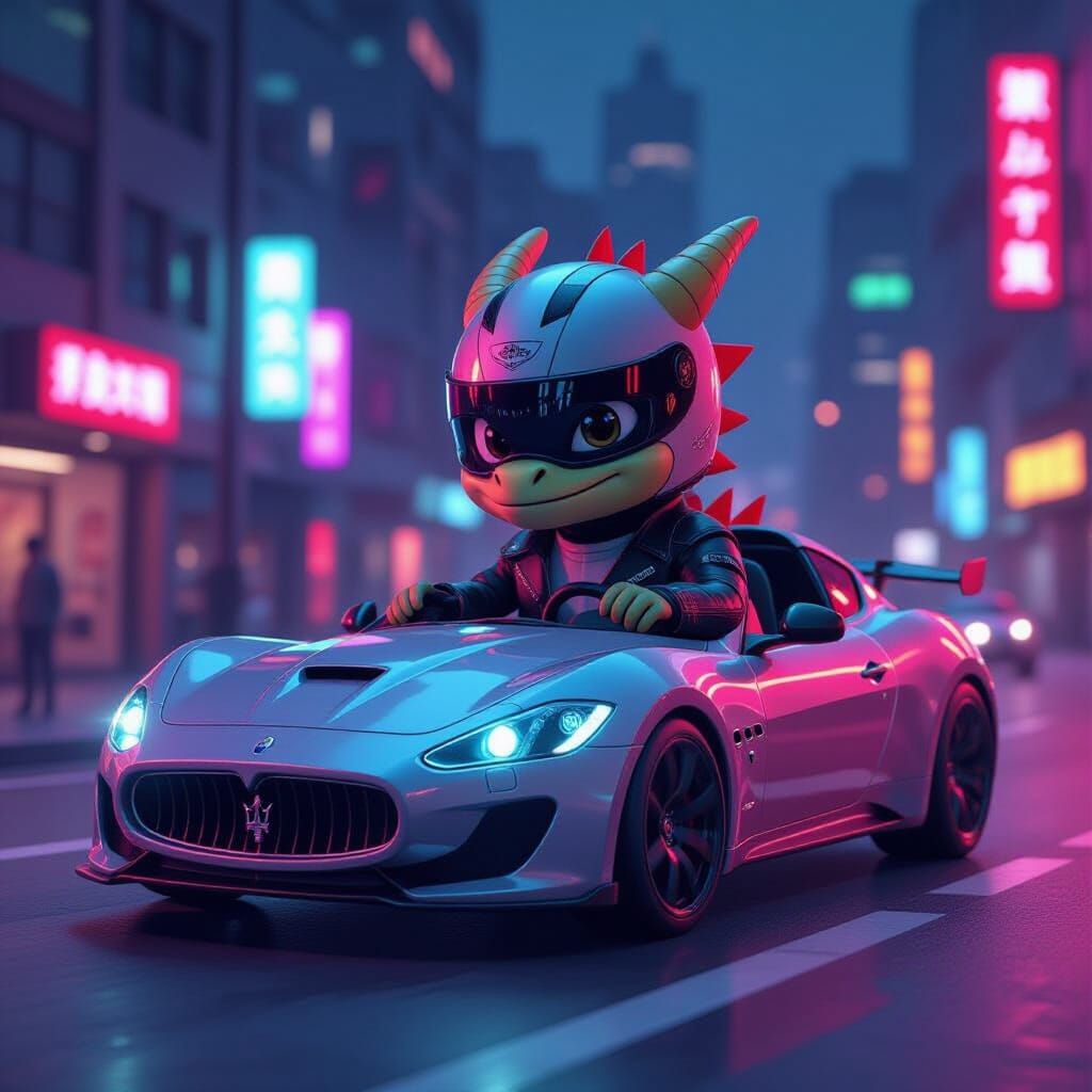 Dragon Drives Maserati Through Neon City in 3D Style