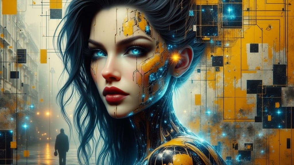 Futuristic Woman in 1920s Paris with Circuitry Overlay