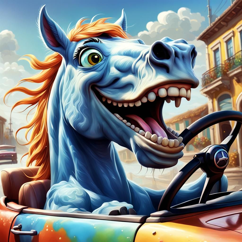 Funny White Horse Driving Car: Hyperrealistic Art
