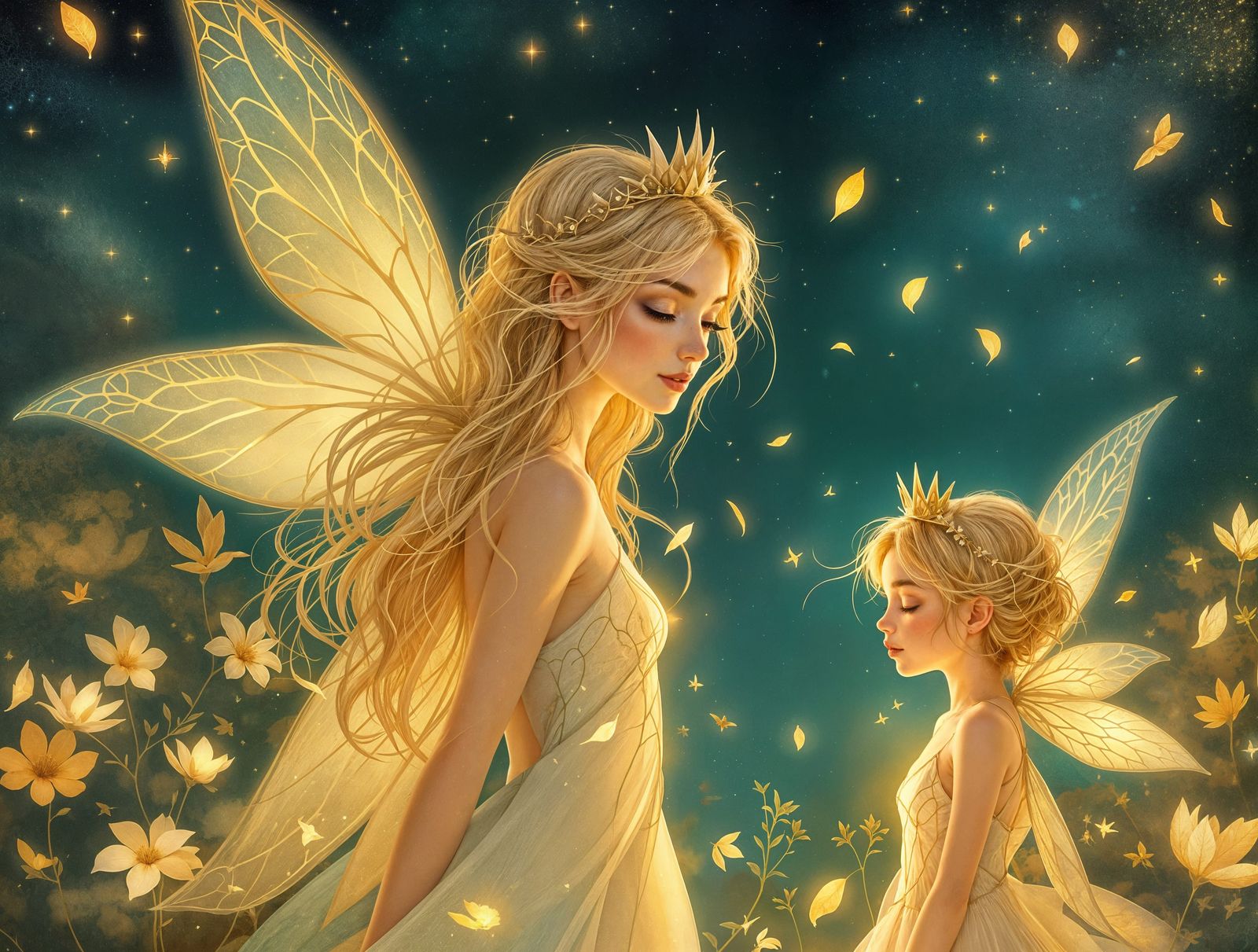 Ethereal Fairies in a Golden Night Garden