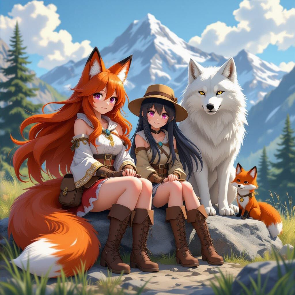 Anime Fox Girl & Friends on Mountain Summit