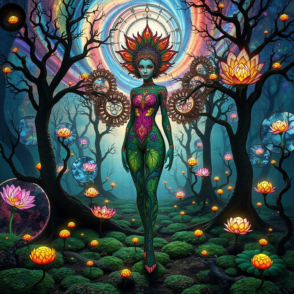 Lotus-Inspired Character in a Dreamlike Labyrinth