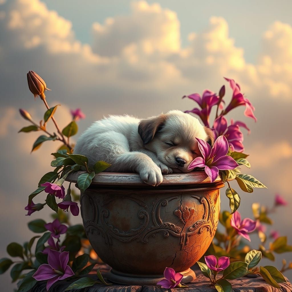 Surreal Puppy Portrait in Antique Flowerpot Scene