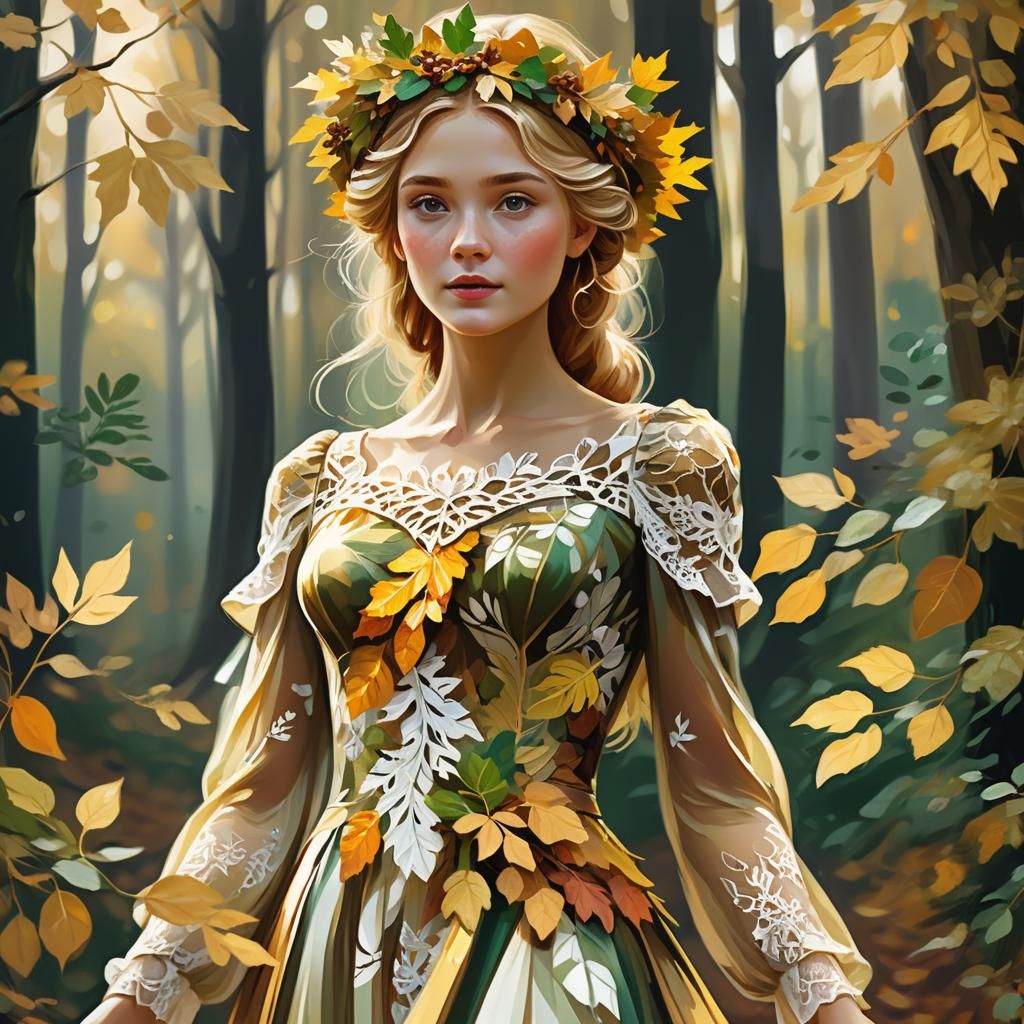 Lady Golden Autumn in Impressionistic Forest Portrait