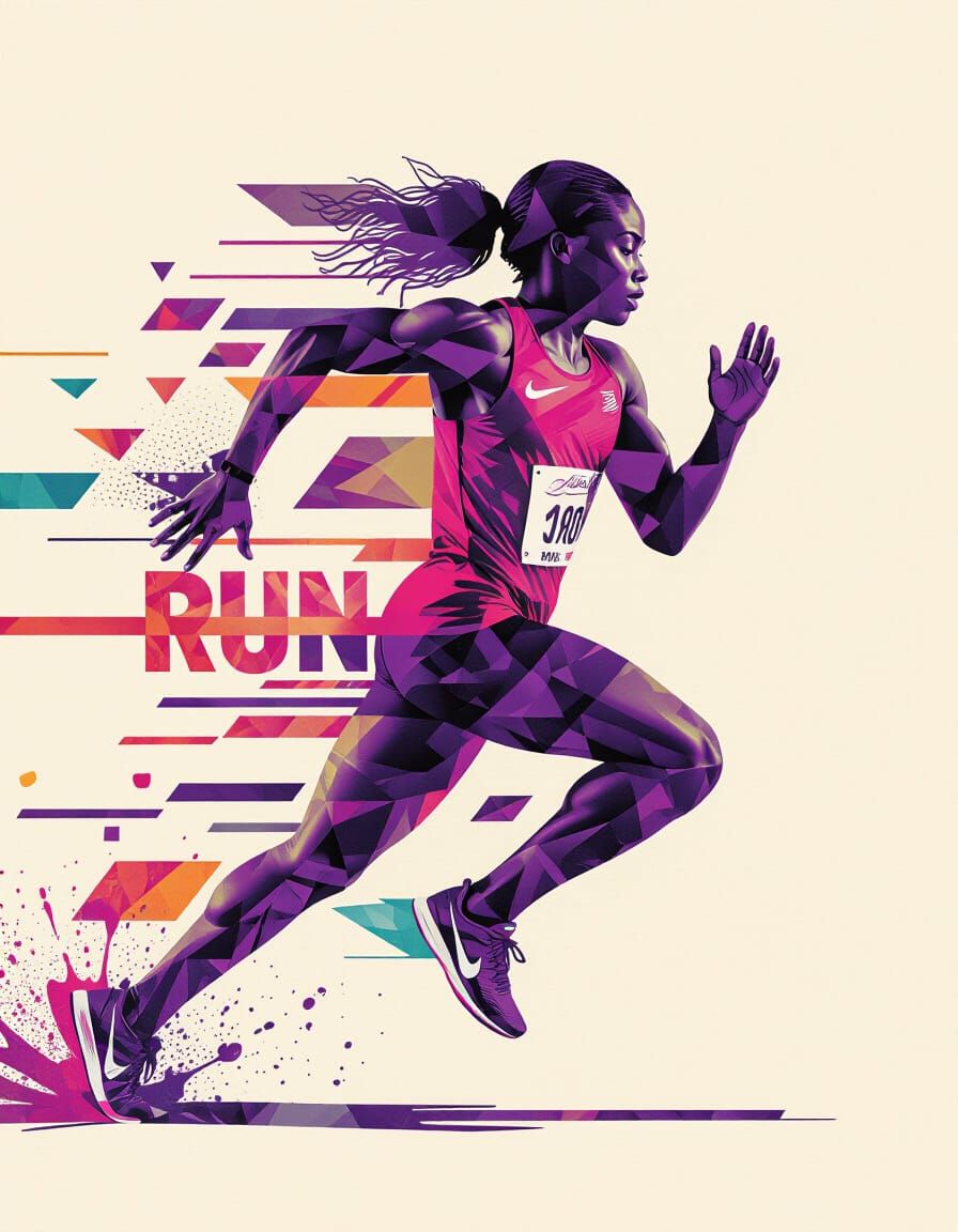 Sprinter Silhouette in Double Exposure with Geometric Patter...