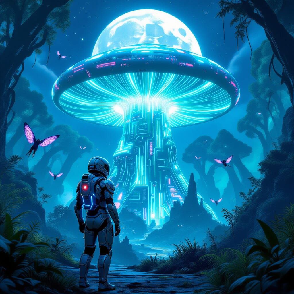 Futuristic Explorer and Bioluminescent Mushroom in Alien For...