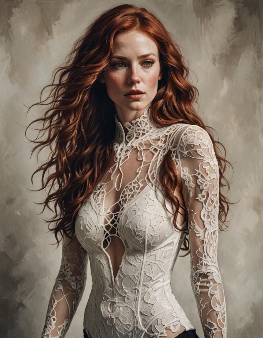 Realistic Portrait of Redhead in Laced Bodysuit