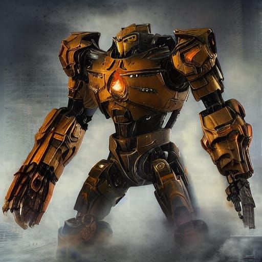 Humanoid Robot in Dystopian Cityscape at Sunset