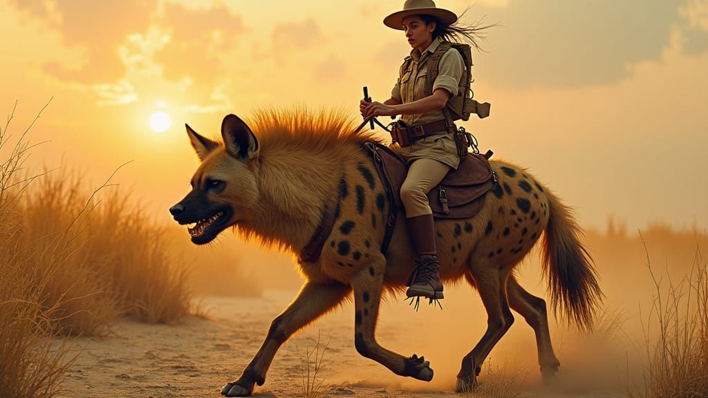 Woman Rides Hyena Across African Savannah