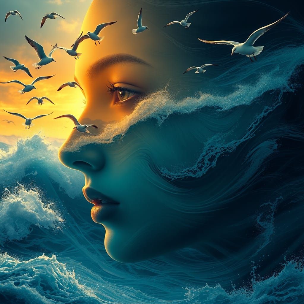 Surreal Seascape with Woman's Silhouette in Hyperrealistic S...