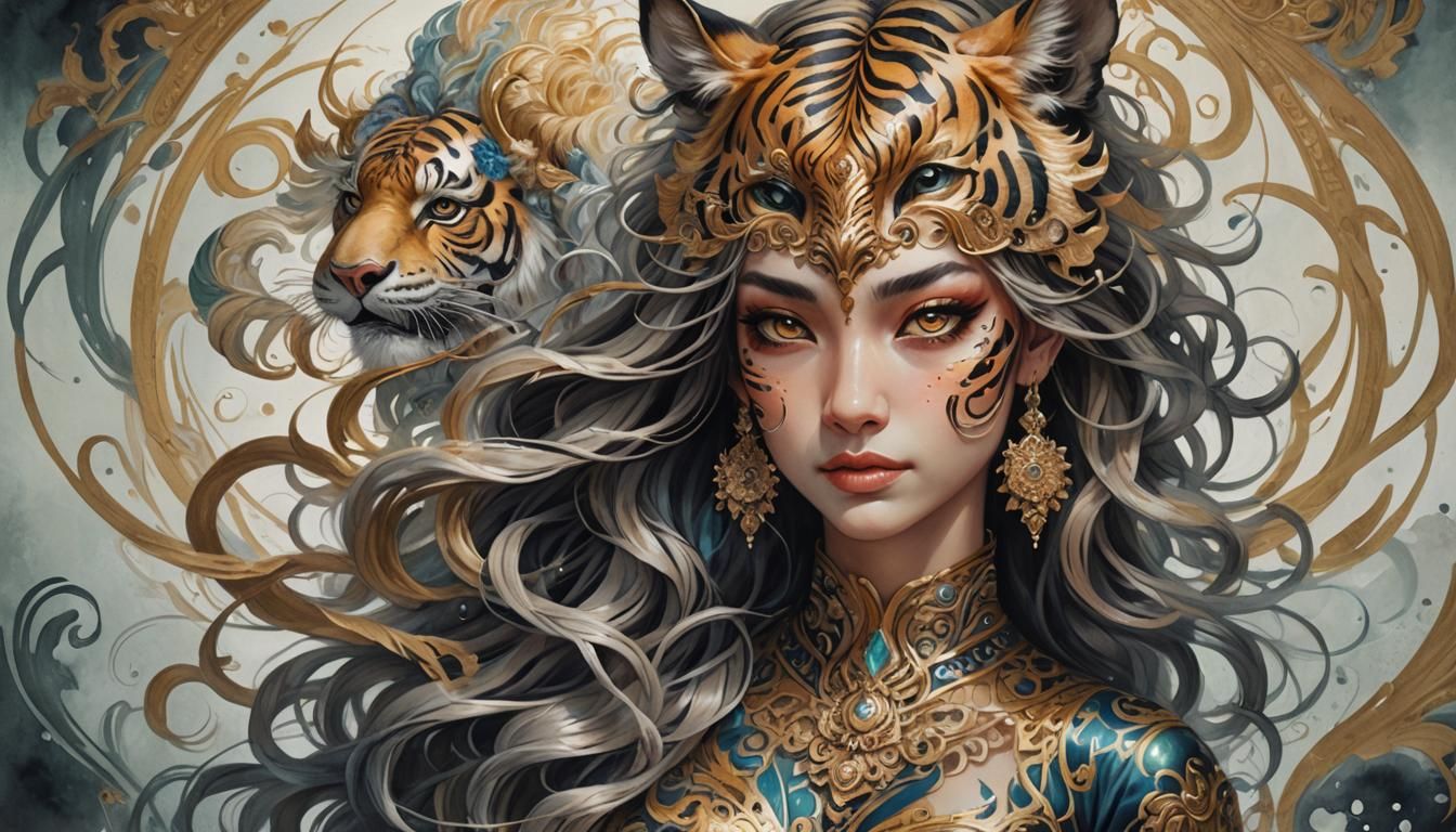 Fantasy Tiger Girl Portrait in Watercolor Style