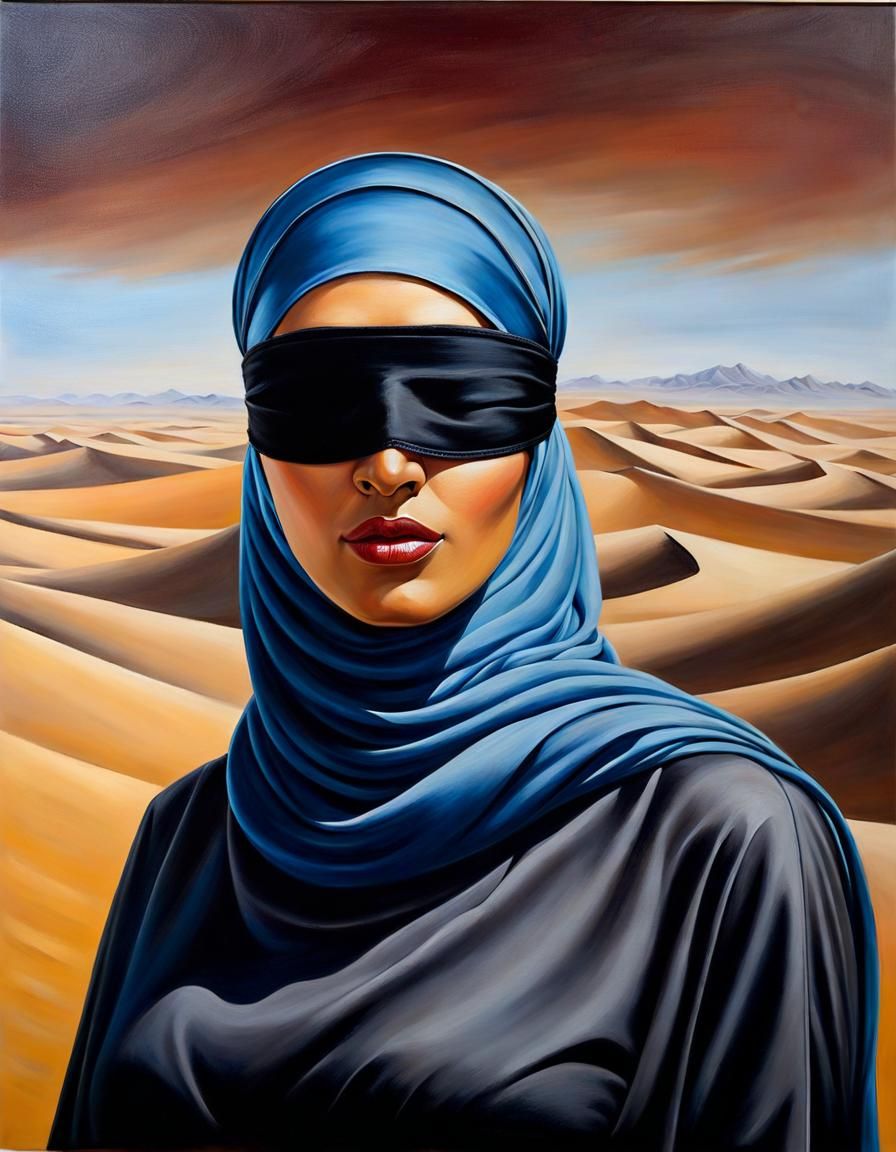 Blindfolded Hijabi Woman in Oil Painting