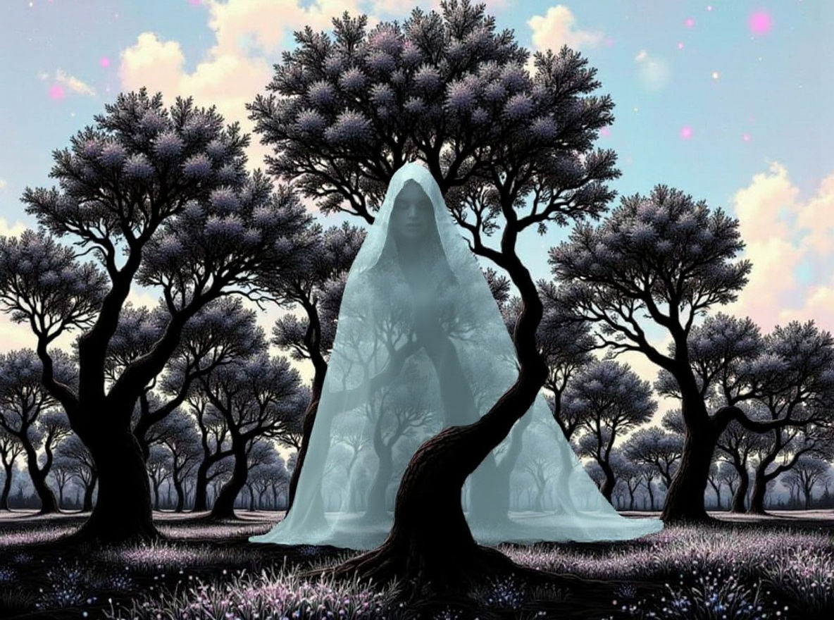 Silhouetted Trees Against Indigo and Lavender Sky