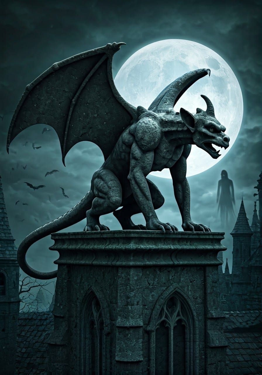 Majestic Gargoyle on Haunted Castle Rooftop