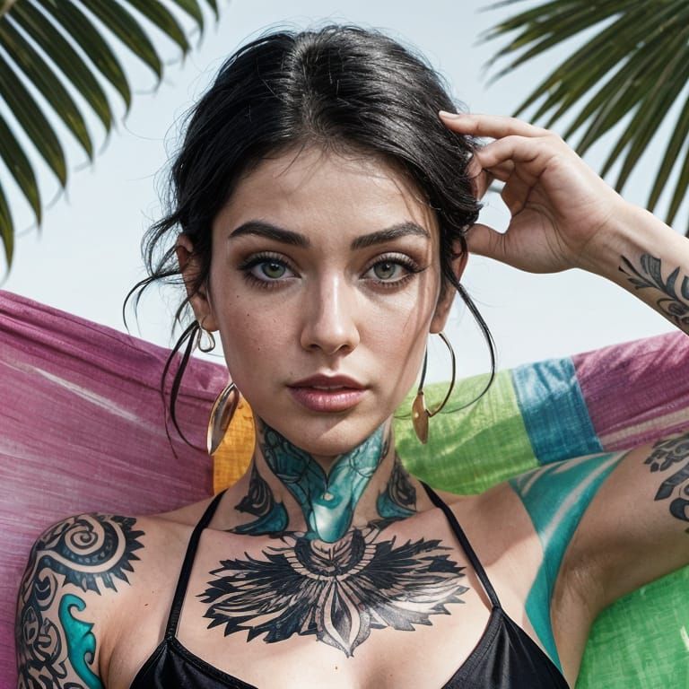 Latina with Tattoos and Green Eyes in Bikini