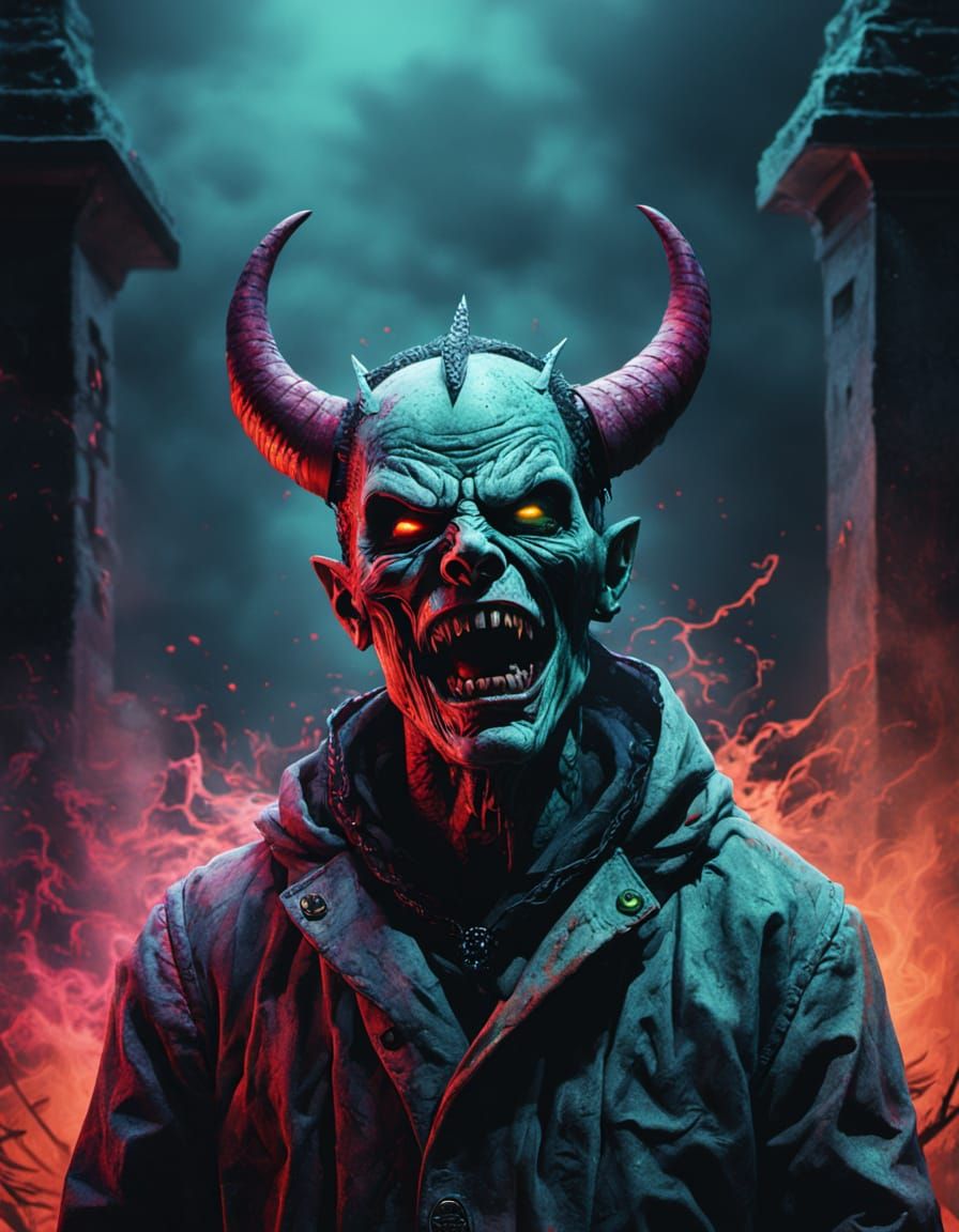 Screaming Devil in Vintage Straight Jacket, Eerie Fog