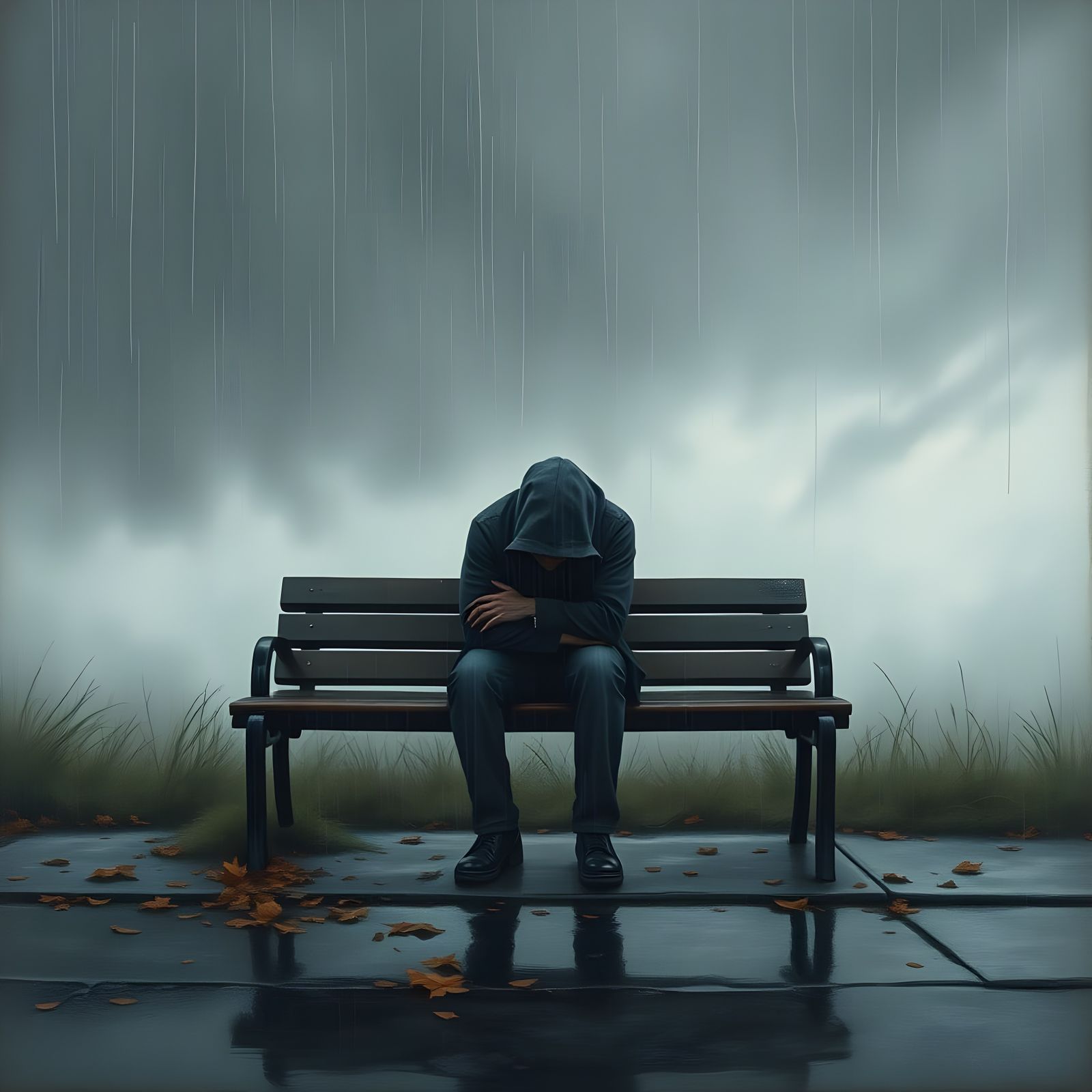 Melancholic Figure on Park Bench in Realistic Oil Painting S...