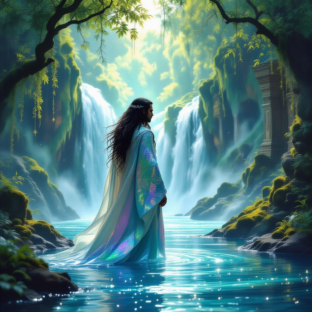 Ethereal Gay Man at Mystical Waterfall in Painterly Style