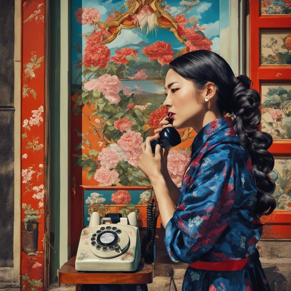 Woman on Phone in Ukiyo-e Graffiti Art