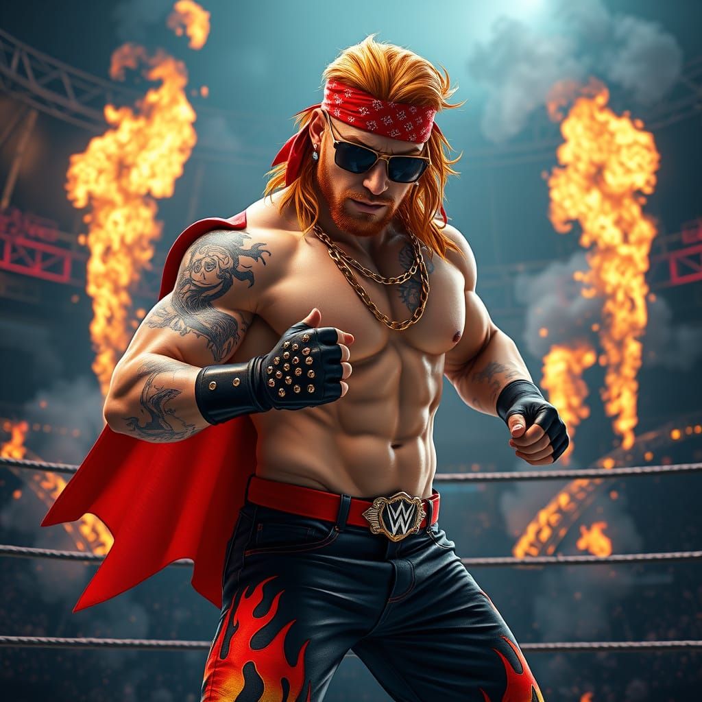 Cyberpunk Wrestler with Flame Tattoos in Neon Arena