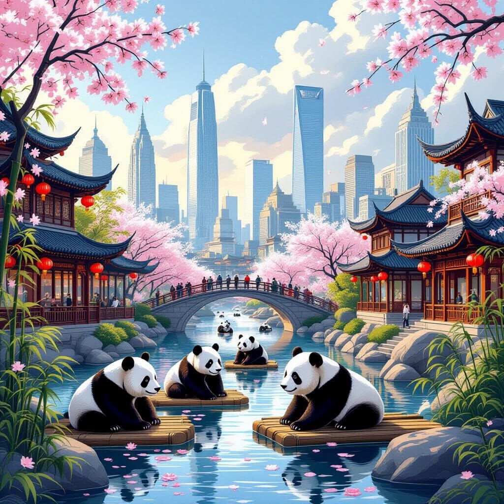 Chengdu Cityscape with Pandas in Ash Thorp Style