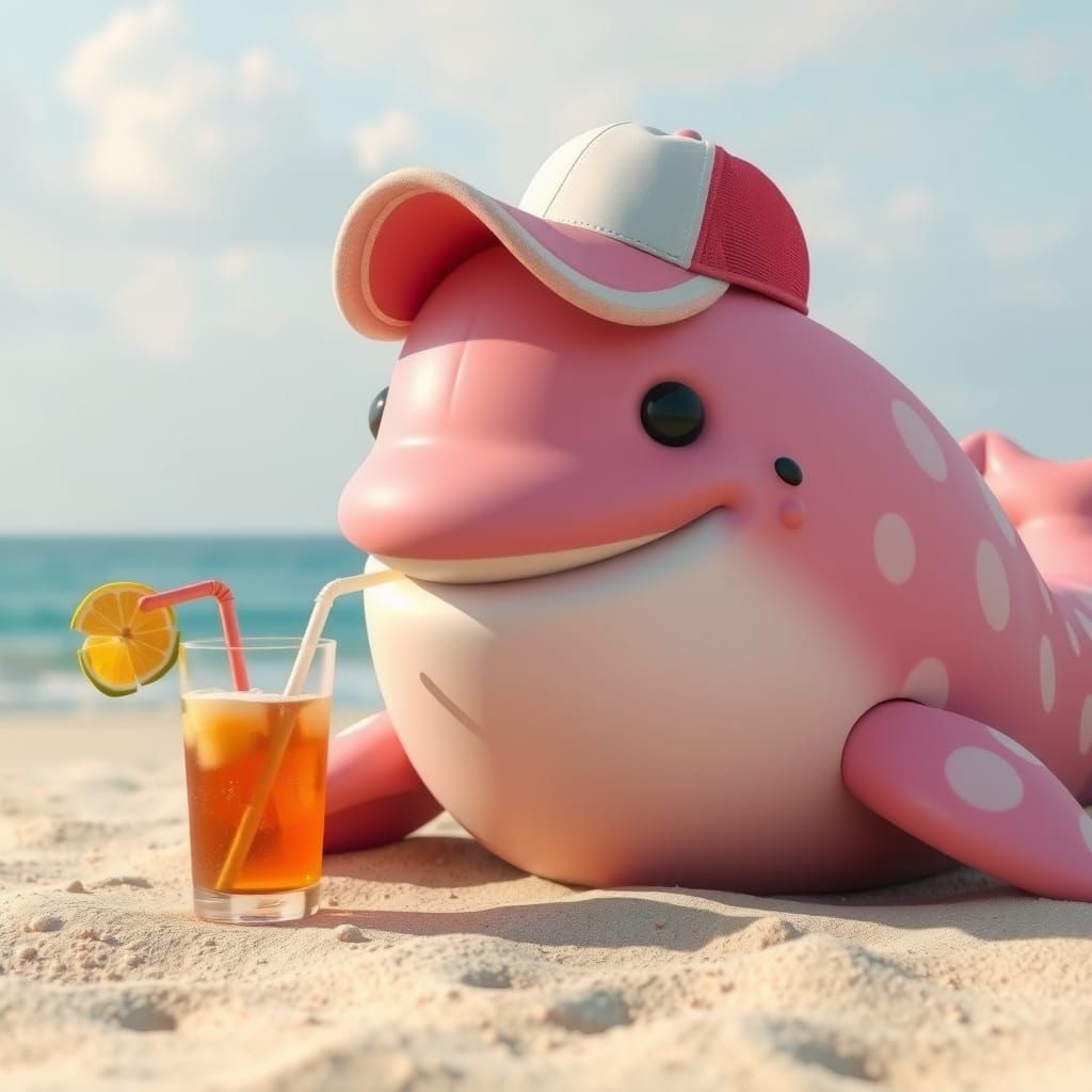 Smiling Claymation Whale with Drink on Beach