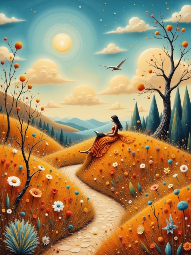 Whimsical Woman on Floral Hill in Burtonesque Style