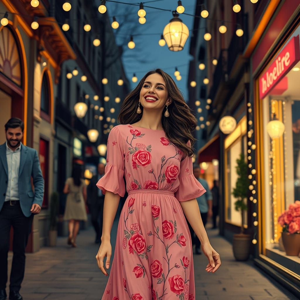 Elegant Woman in Handmade Cotton Dress with Whimsical Embell...