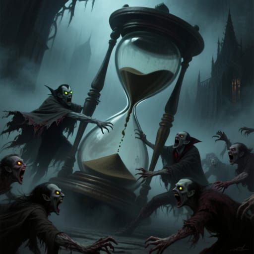 Vampires Battle Colossal Hourglass in Gothic Horror Style