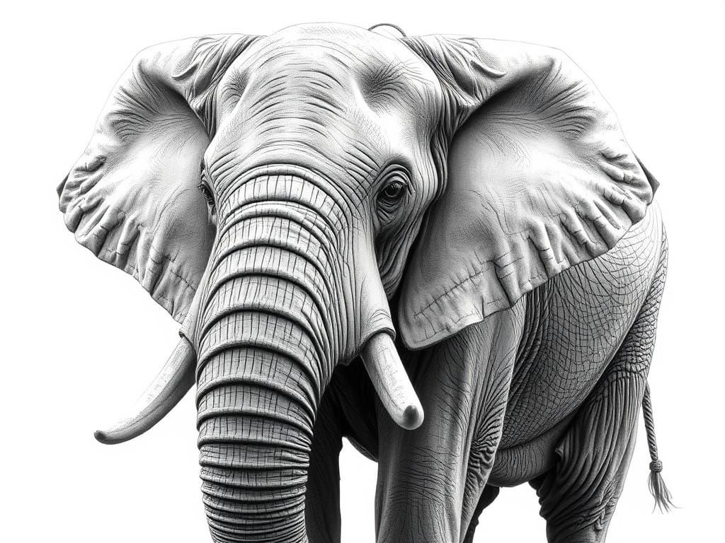 Realistic Standing Elephant in Charcoal Pencil Drawing