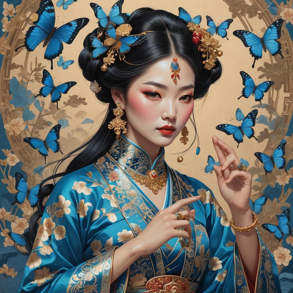 Asian Woman with Butterfly in Traditional Attire