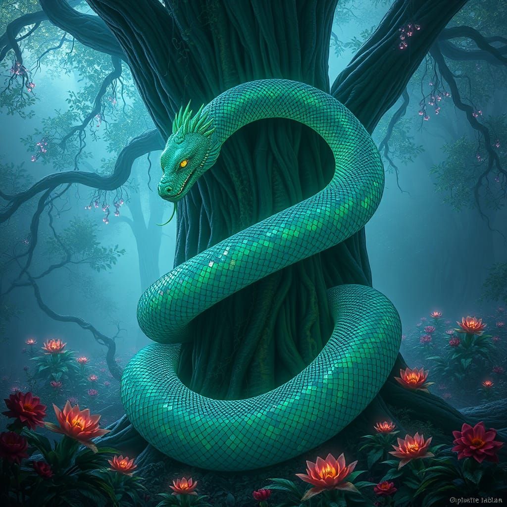 Bioluminescent Serpent in Art Nouveau Cyberpunk Grove