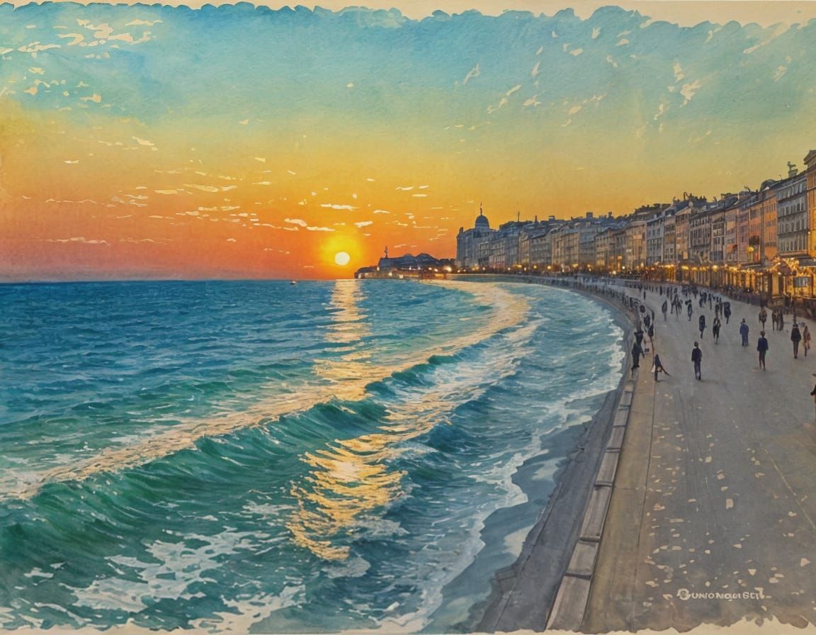 Sunset on Promenade des Anglais, Watercolor