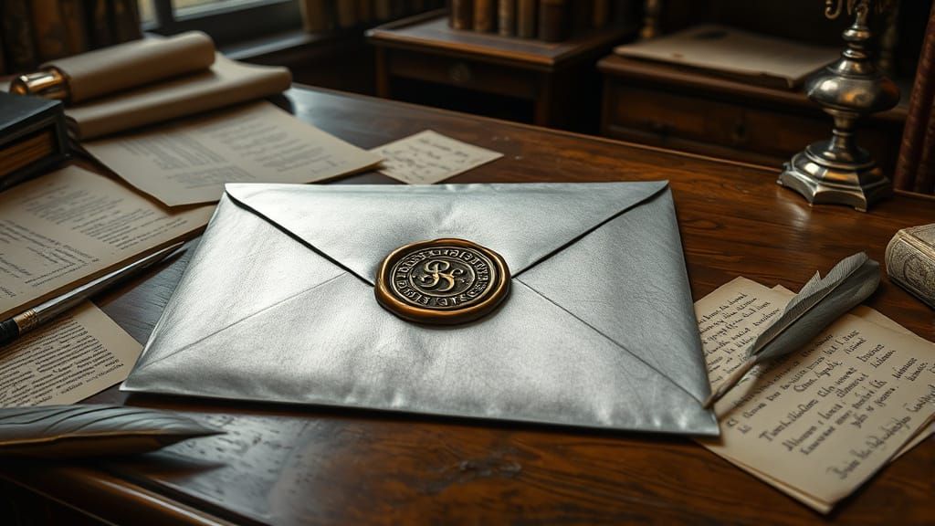 Silver Envelope with Wax Seal in Study
