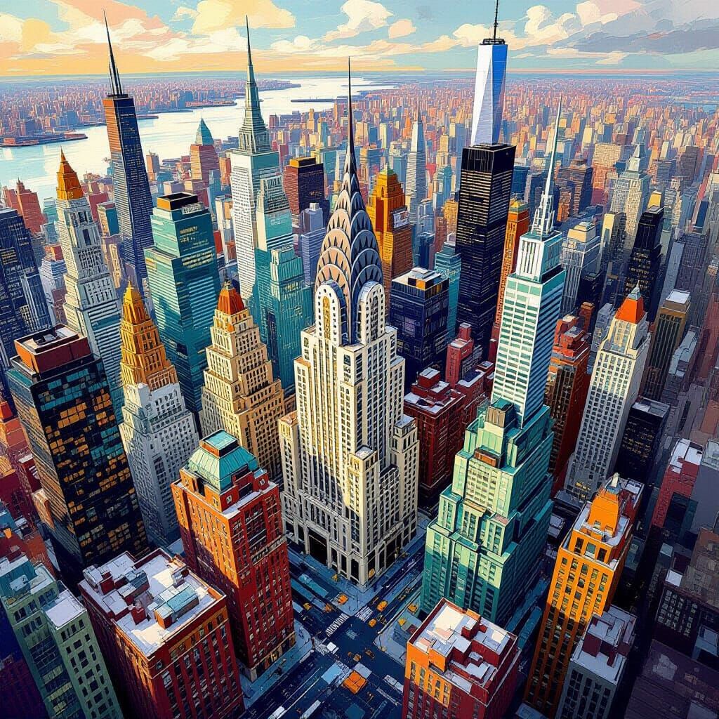 Bird's Eye Cityscape in Cubist Geometric Fauvism