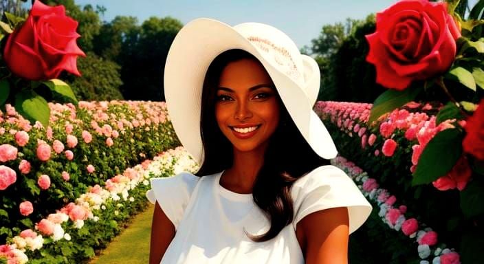 Tanned Woman in White Dress Among Roses