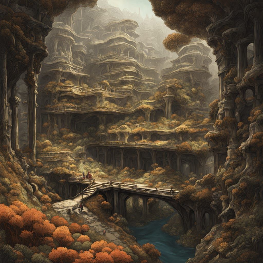 Vibrant Fungal Blooms in Impressionist Landscape Painting