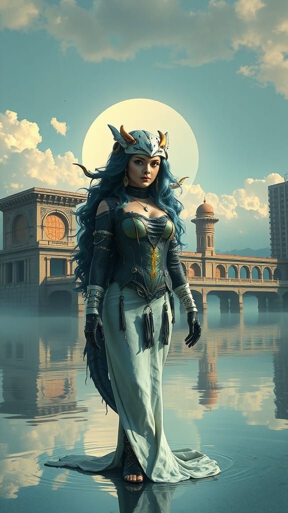 Lady of the Lake in Cyberpunk & Solarpunk Style