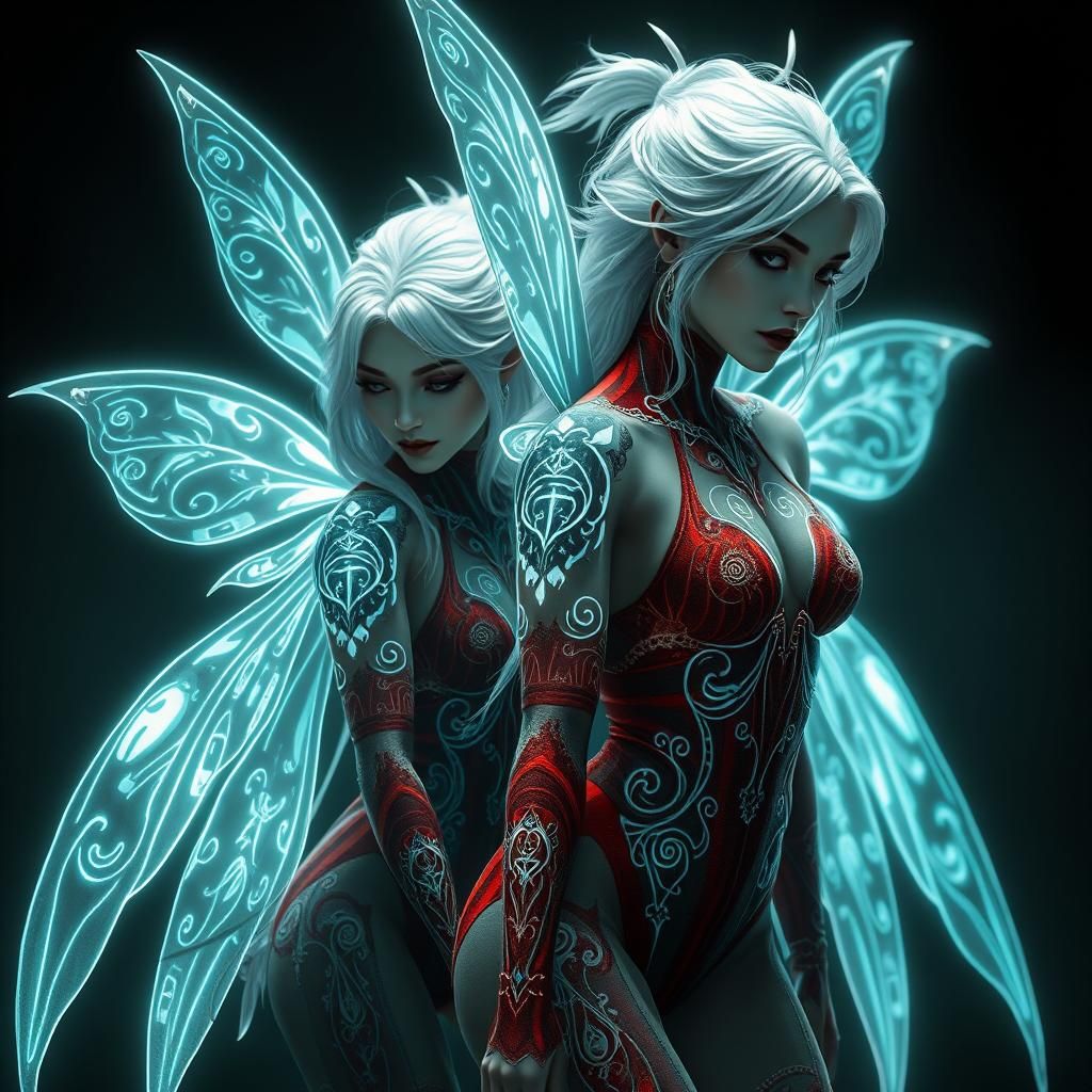 Mystical White-Haired Fairies with Bioluminescent Tattoos