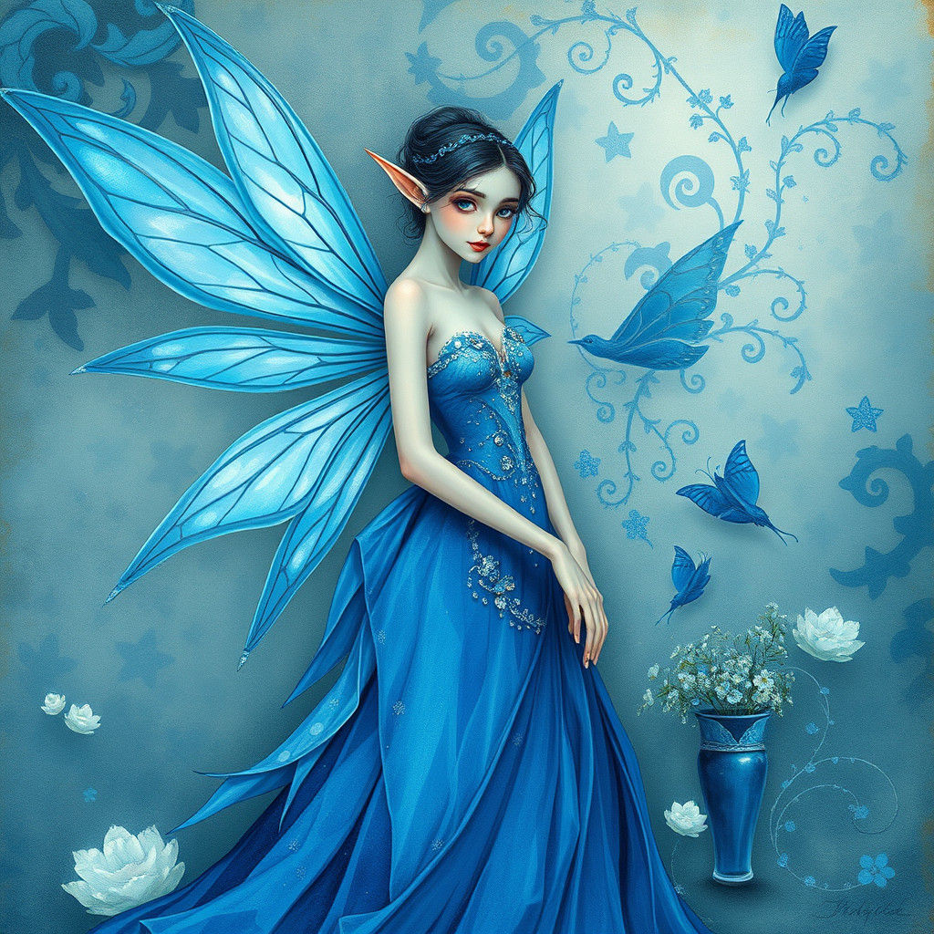 Blue Fairy Elf in Dreamlike Art Nouveau Style