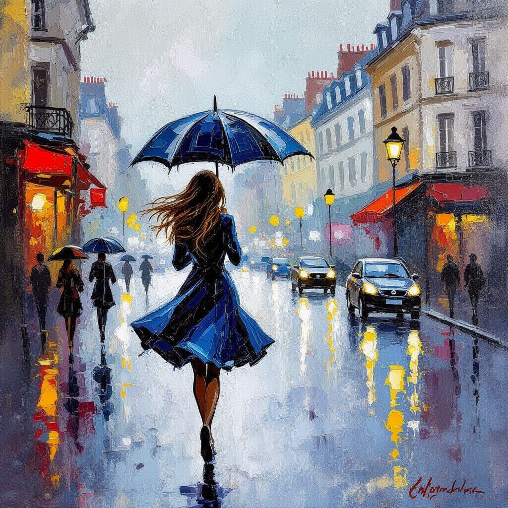 Woman Chasing Umbrella in Rainy Post-Impressionist Painting