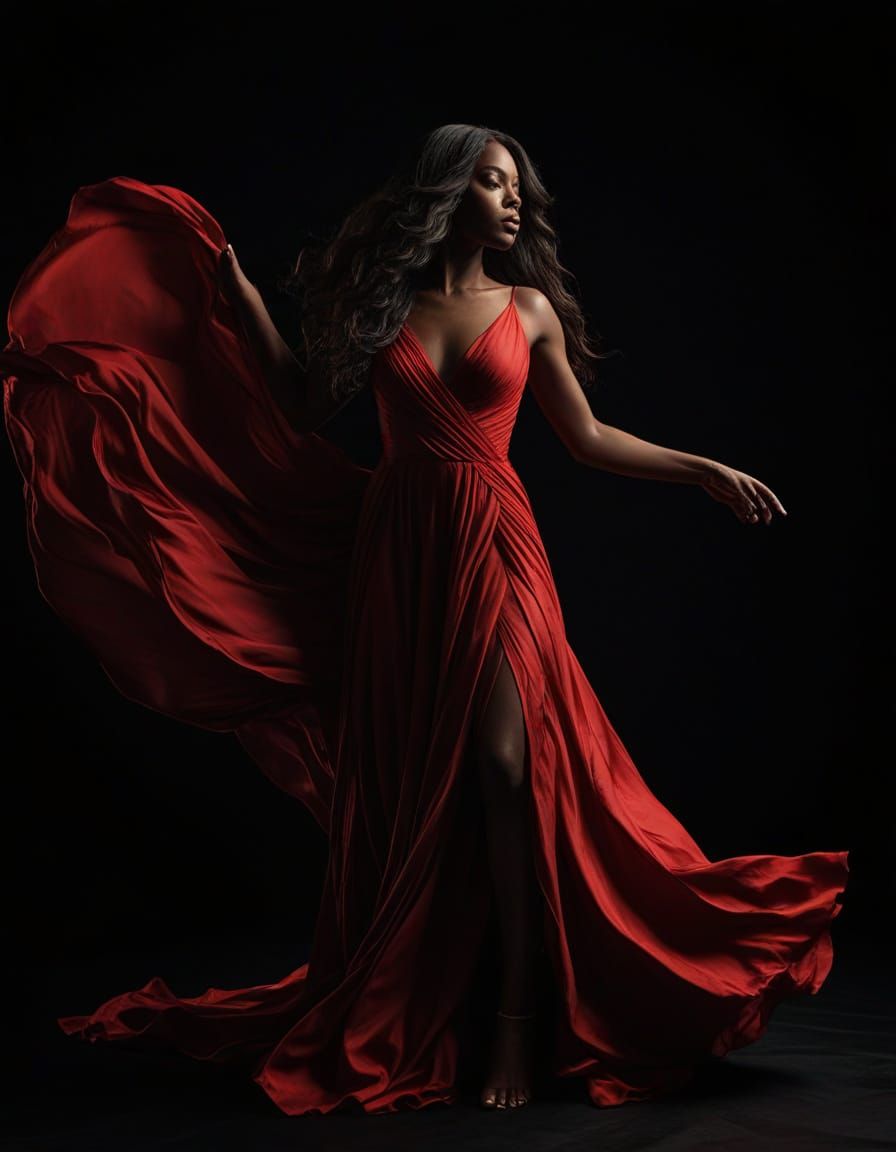 Elegant Woman in Red Dress on Black Background