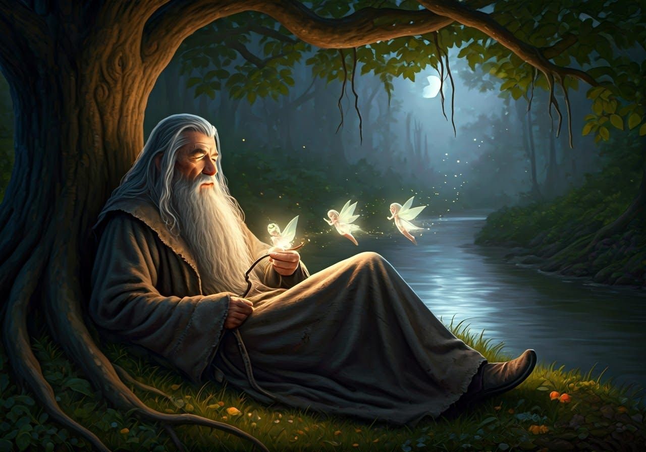 Gandalf and Fairies in Retro Oil Painting Style