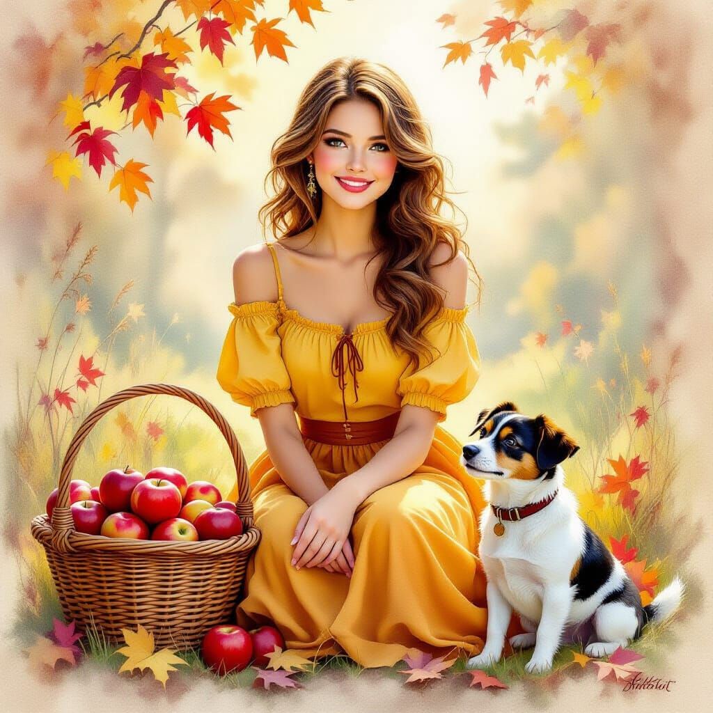 Ethereal Autumn Scene: Woman, Dog, and Apples in Watercolor